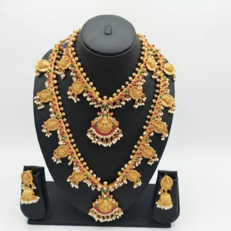 Premium Temple Jewellery Set for Women – Short & Long Necklace Combo with Lakshmi Pendant and Matching Earrings