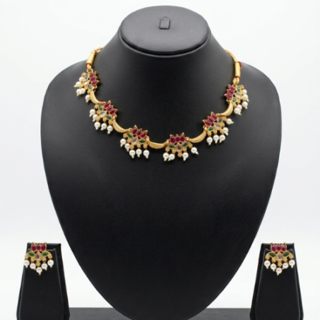 Elegant Lotus Floral Ethnic Jewellery Set – Gold-Plated Temple Necklace with Matching Earrings