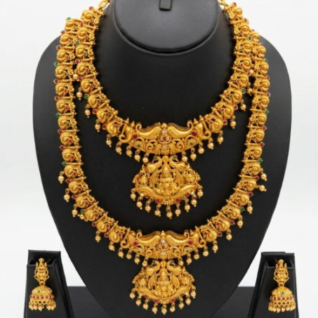 Traditional South Indian Temple Jewellery Set – Lakshmi Pendant Short & Long Haram Combo with Earrings