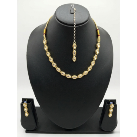 Traditional Gold Plated White Stone Jewellery Set with Necklace, Earrings & Maang Tikka